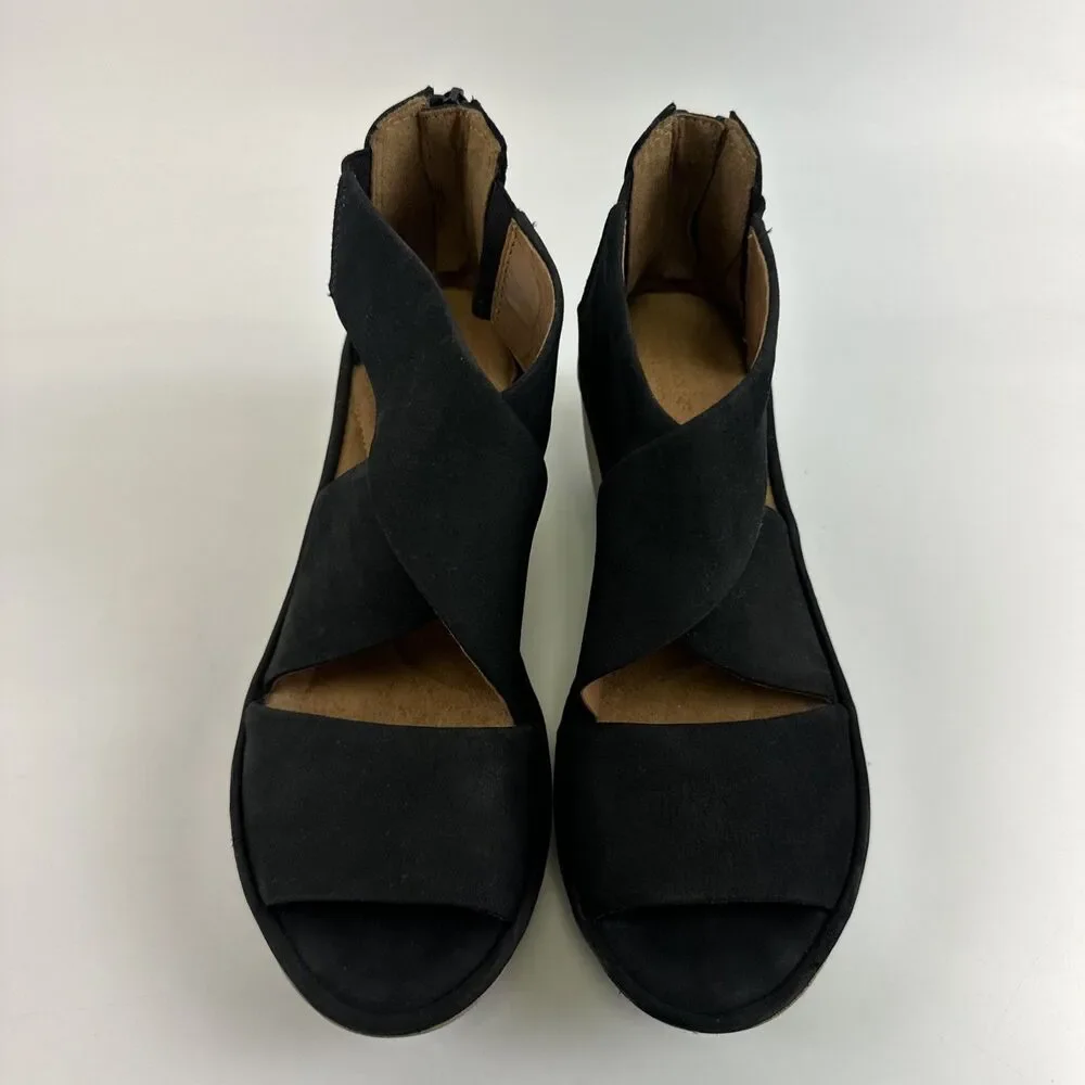 Clarks Artisan Clarene Glamour Wedge Black Nubuck Back Zip Platform Womens 8